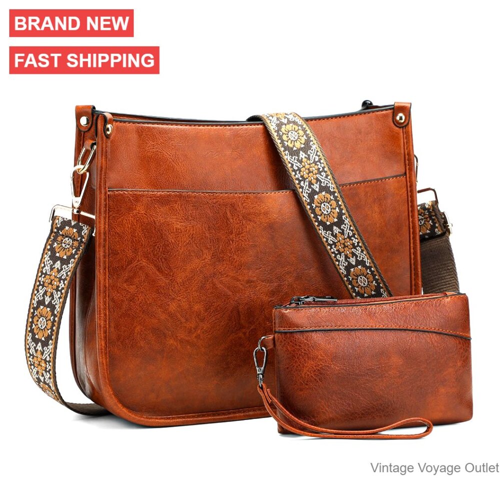 Vegan Leather Crossbody Bag Set With Wallet, Adjustable Strap, Multiple Pockets